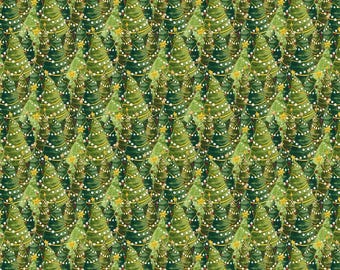 Op de afbeelding: Een herhalend patroon van kerstbomen in verschillende groentinten. Elke boom is versierd met witte lichtjes en een gouden ster. De bomen zijn gerangschikt in een dicht, overlappend patroon, waardoor een feestelijk vakantieontwerp ontstaat.