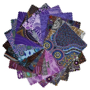 May include: A collection of purple fabric squares arranged in a circular pattern. Each square features a unique design with dots, swirls, and geometric shapes in shades of purple, blue, and white. The fabric appears to be cotton or a similar material.