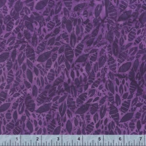 May include: A close-up of a purple fabric with a leaf pattern. The leaves are in various shapes and sizes, with darker purple outlines and lighter purple interiors. The fabric has a textured appearance.