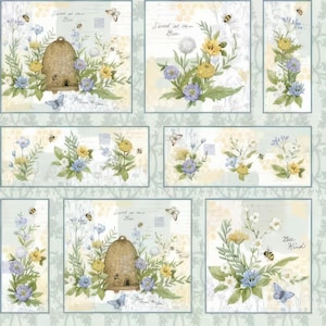 Pode incluir: Um padrão repetitivo com ilustrações em aquarela de colmeias, abelhas, borboletas e arranjos florais em tons de amarelo, azul e verde. O texto "Sweet as can Bee" e "Bee Kind" está incluído.