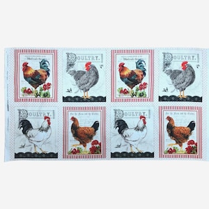 May include: Fabric panel featuring eight rectangular designs with rooster illustrations. Each design includes a rooster, floral accents, and the word "POULTRY." The designs are framed by red and white striped borders.