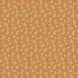 May include: An all-over pattern featuring a repeating design of stylized leaves and vines. The leaves are a muted gold color with a hint of green, set against a warm orange background. The vines are a lighter gold, creating a delicate, textured effect.