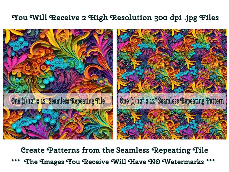 Print Repeat High Resolution Quilling Seamless Repeating Pattern, Abstract Florals in Rainbow Colors ...