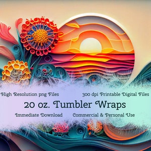 Op de afbeelding: Een digitale download van 20 ounce tumbler wraps met een kleurrijk zonsondergang- en bloemenontwerp. Hoge resolutie PNG-bestanden, 300 dpi, voor persoonlijk en commercieel gebruik. Onmiddellijke download.