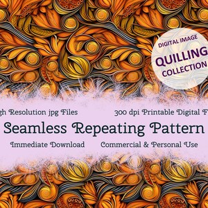 Könnte beinhalten: Ein nahtloses, sich wiederholendes Muster mit filigranen Quilling-Designs in Orange-, Gelb- und Schwarztönen. Das Muster ist perfekt für Bastelprojekte, Scrapbooking und digitales Design.
