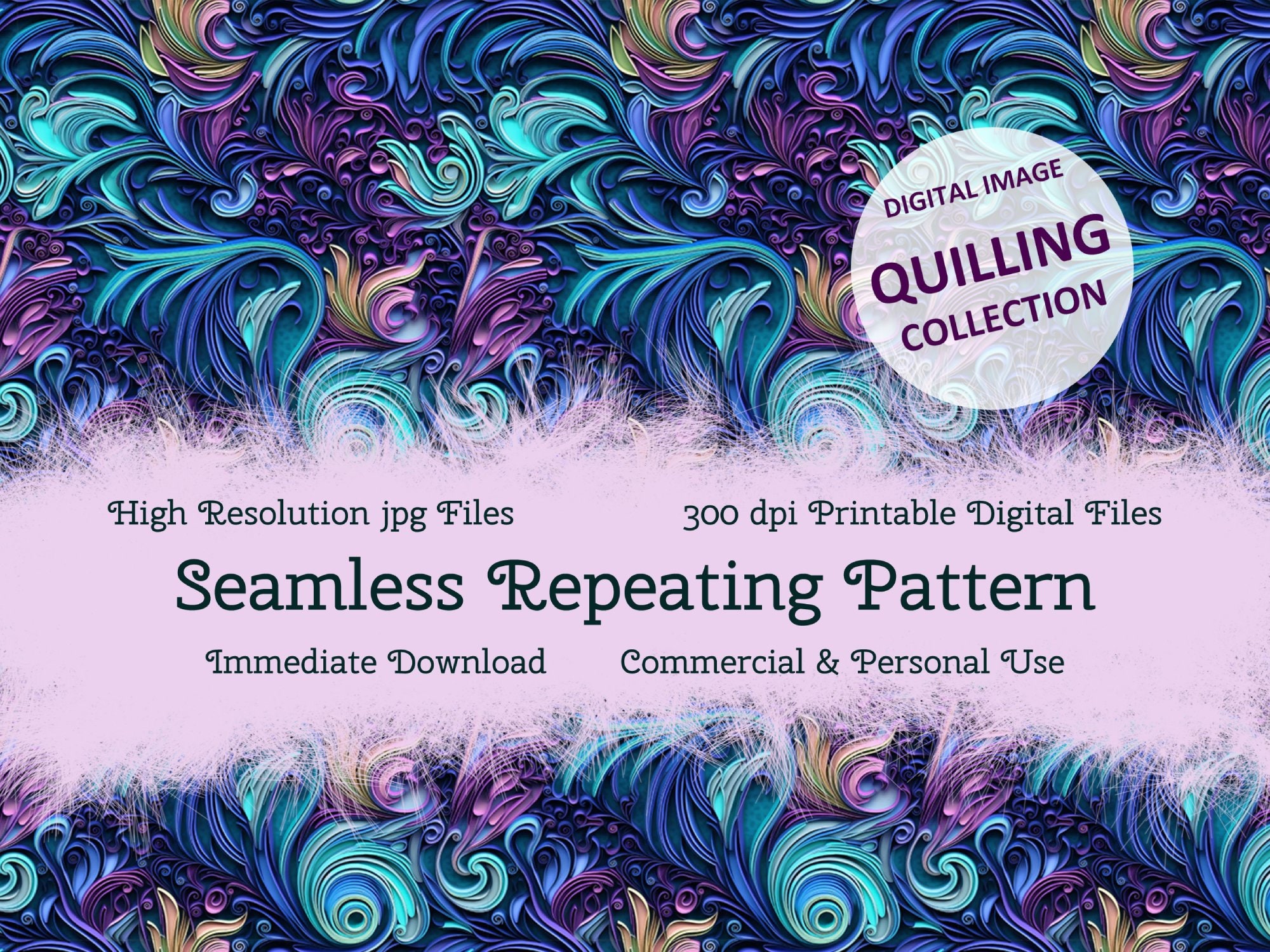 Print Repeat High Resolution Quilling Seamless Repeating Pattern, Fractal Swirls in Blue Purple Gold ...