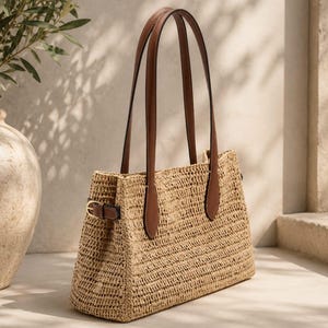 Pode incluir: Uma bolsa tote estruturada feita de palha trançada em tom bronzeado, com duas alças longas de couro marrom e uma pequena tira lateral de couro marrom com um detalhe de fivela de metal dourado na lateral do exterior da bolsa.