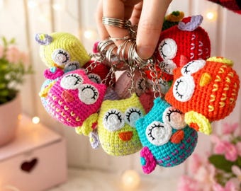 Crochet owl keychain, back to school gift, bag ornament, owl keyring