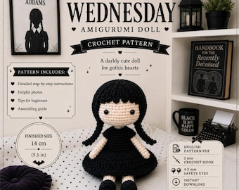 Wednesday Addams Amigurumi Crochet Pattern - Mini Doll (PDF Tutorial)