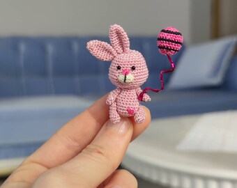 Miniature Crochet Pink Rabbit, Amigurumi Bunny Figure