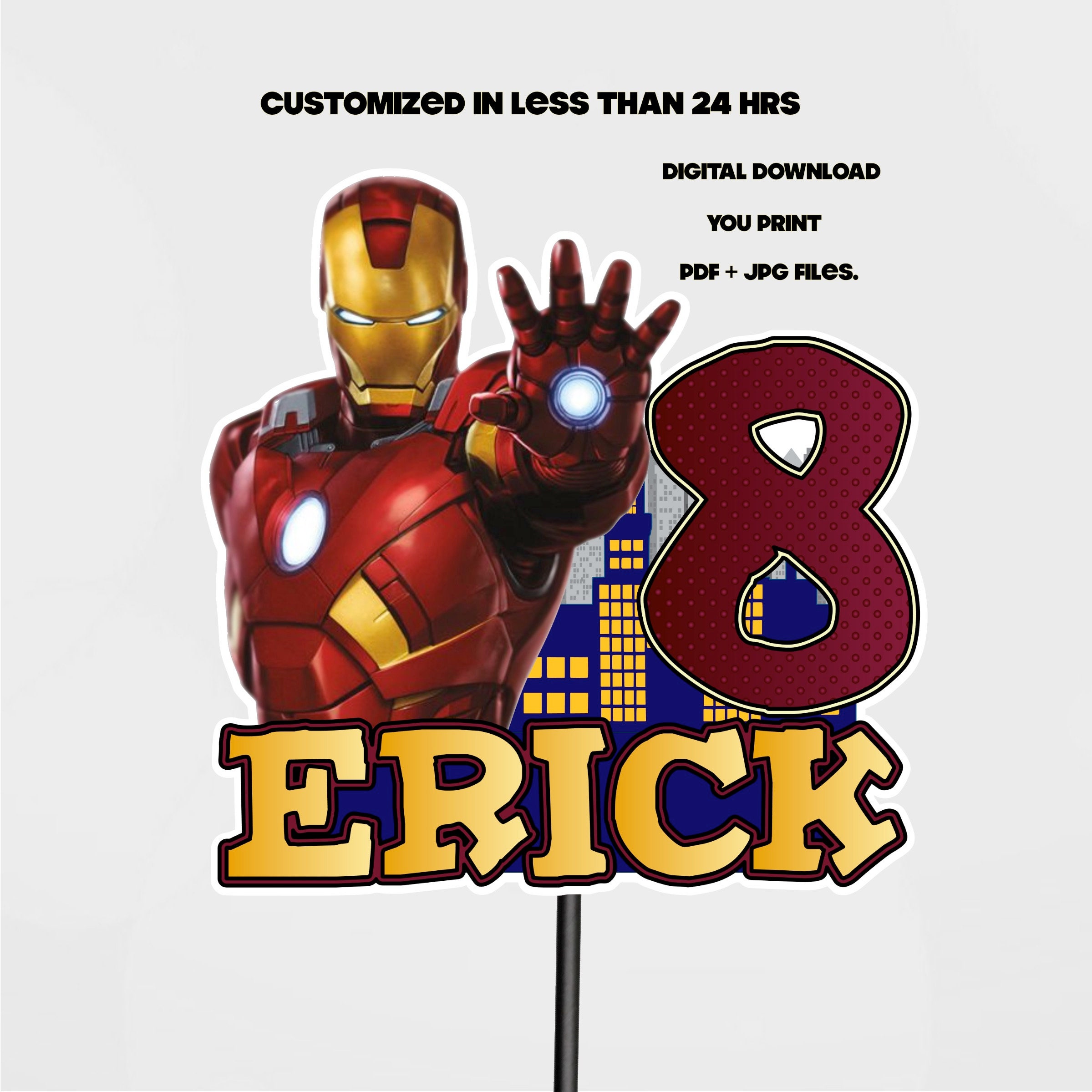 Personalised Iron Man Birthday Party Stickers for sweet cones. Fast  delivery