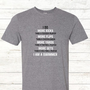 Kicks, Flips, Yards, & Sets - I am a swimmer - Back of Shirt Personalization Option: Adult Crewneck Tee