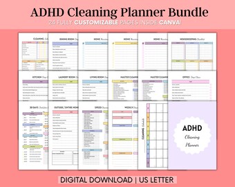 May include: ADHD Cleaning Planner Bundle with 24 customizable pages. The planner includes sections for cleaning schedules, checklists, and deep cleaning tasks. The design features a variety of pastel colors and the text "DIGITAL DOWNLOAD | US LETTER".