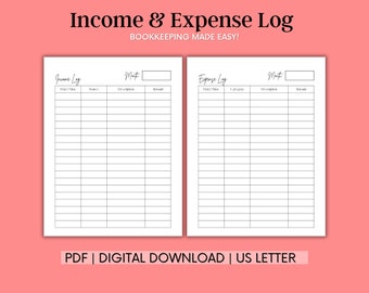 Business Income and Expense Log | Income Tracker | Expense Tracker | Bookkeeping Printable | Self Employed