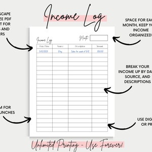 Op de afbeelding: Een printbare sjabloon voor een inkomstenlogboek met een zwart-wit rasterontwerp. De sjabloon bevat kolommen voor datum, bron, beschrijving en bedrag. De tekst "Income Log" staat bovenaan de pagina. De tekst "Unlimited Printing - Use Forever!" staat onderaan de pagina.