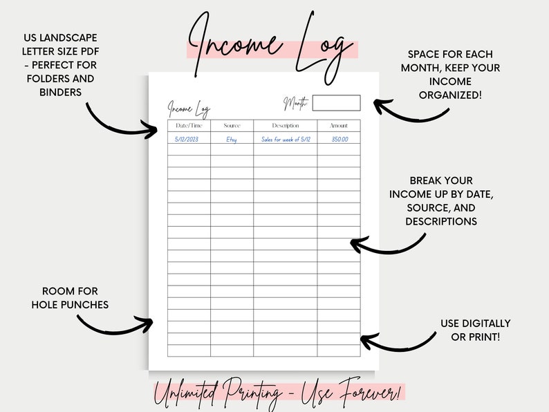 Op de afbeelding: Een printbare sjabloon voor een inkomstenlogboek met een zwart-wit rasterontwerp. De sjabloon bevat kolommen voor datum, bron, beschrijving en bedrag. De tekst "Income Log" staat bovenaan de pagina. De tekst "Unlimited Printing - Use Forever!" staat onderaan de pagina.