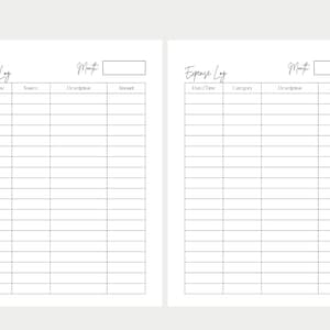 Op de afbeelding: Een printbare budgettracker met twee pagina's, &eacute;&eacute;n voor inkomsten en &eacute;&eacute;n voor uitgaven. Elke pagina heeft kolommen voor datum, tijd, bron, beschrijving, categorie en bedrag.