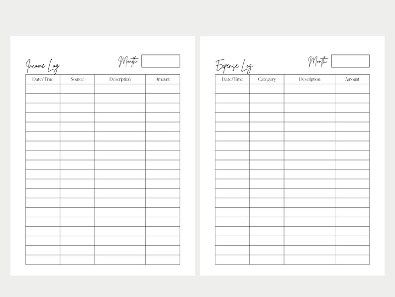 Op de afbeelding: Een printbare budgettracker met twee pagina's, &eacute;&eacute;n voor inkomsten en &eacute;&eacute;n voor uitgaven. Elke pagina heeft kolommen voor datum, tijd, bron, beschrijving, categorie en bedrag.