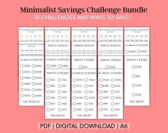Minimalistische A6 besparingsuitdaging afdrukbaar | Uitdagingsbundel opslaan | Geldbesparingsuitdaging | Spaarmap | Spaartracker
