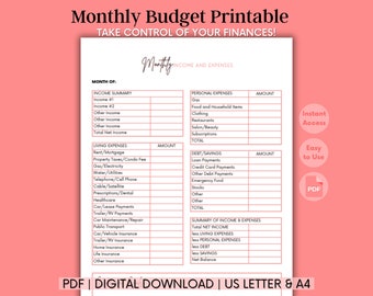 Maandelijks budget PDF - Kosten bijhouden | Begrotings-pdf | Begrotingstraject | Transactielogboek | Persoonlijke uitgaventracker | Budget afdrukbaar