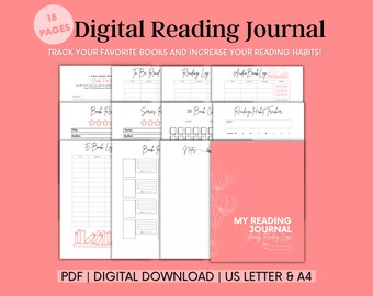May include: A digital reading journal with 18 pages to track your favorite books and increase your reading habits. The journal includes pages for to-be-read books, reading logs, audiobook logs, book reviews, series reviews, 100 book challenges, and a reading habit tracker.