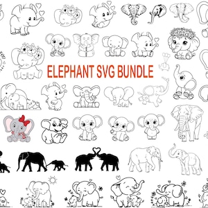 May include: A digital download bundle of 30 black and white elephant SVG files. The elephants are in various poses, including standing, sitting, and walking. Some elephants are wearing hats, flowers, or other accessories. The text "Elephant SVG Bundle" is in the center of the image.