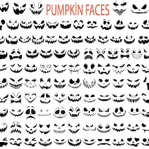 Puede incluir: Una colección de 72 ilustraciones de caras de calabaza en blanco y negro. Las caras son varias expresiones, incluyendo feliz, triste, enojado y sorprendido.