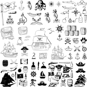 100 SVG piratas, paquete SVG piratas, archivos de corte piratas, silueta pirata, mapa pirata Svg, calavera Svg/Svg de huesos cruzados, clipart pirata, barco Svg