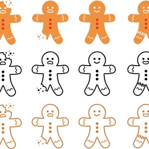 May include: A set of ten gingerbread men illustrations. The gingerbread men are in various stages of being eaten, with some missing arms, legs, or heads. The illustrations are in both color and black and white.
