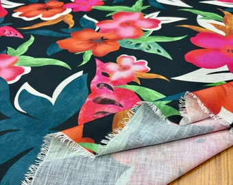 Wide Leaf Floral Italian Linen Fabric – Soft Material for Dresses, Shirts | 150cm/59in wide