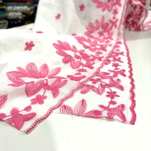 Pink Flower Embroidered 100% Cotton Voile Fabric, Embroidered Fabric by the Yard, Fabric Ribbon Embroidered(140cm-1.53 yards -55 inch width)
