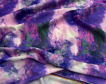 Purple Watercolor Italian Satin Fabric – Silky Lightweight Soft Abstract Material for Dresses | 150 cm