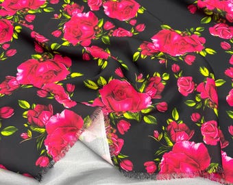 Italian Pink Red Rose Crepe Fabric – Soft Drapey Floral for Dresses & Blouses | 150 cm