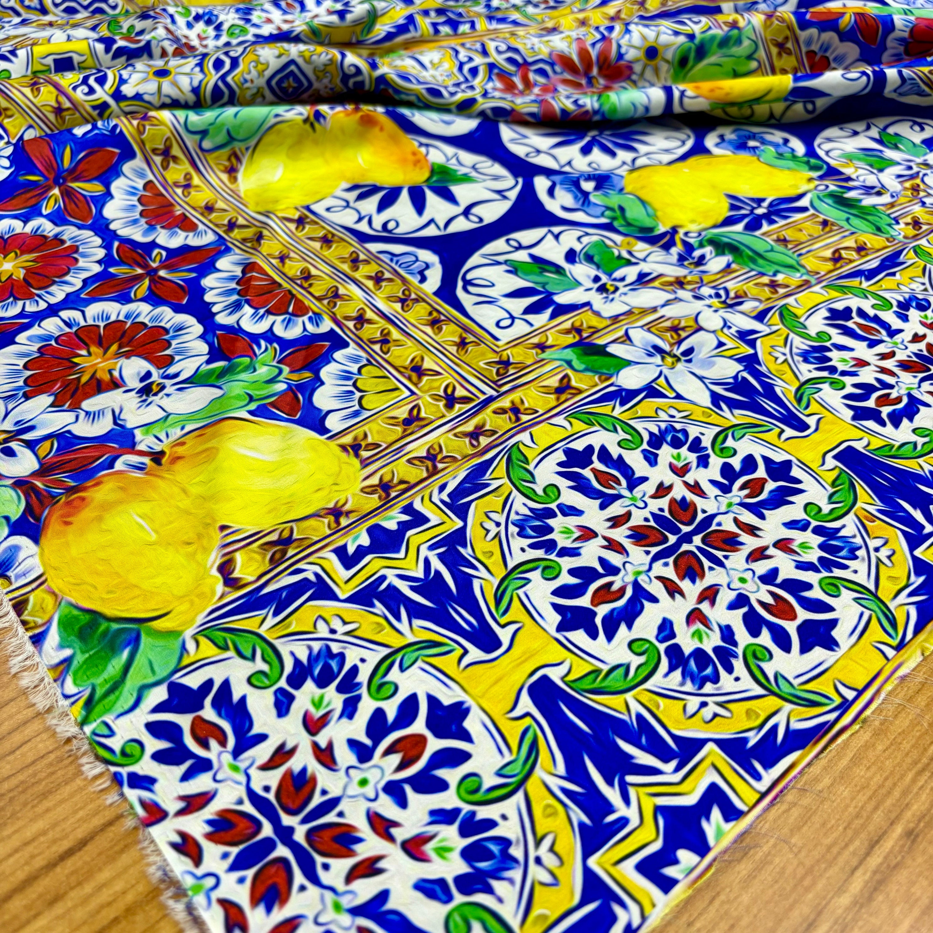 Lemon Patterned Italian Crepe Fabric: Flowing Satin Chiffon, 57-inch wide