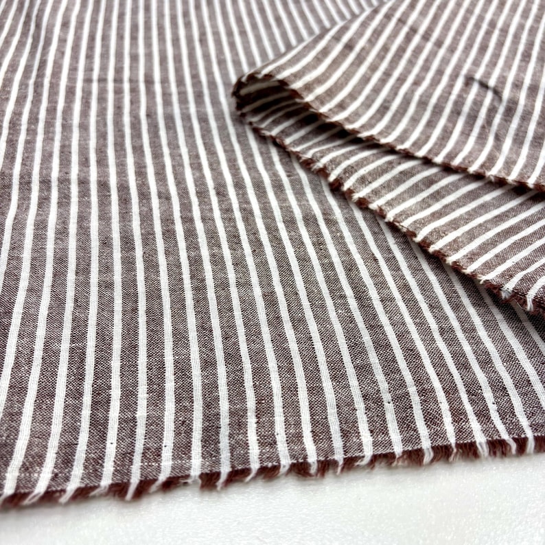 Brown Ivory Striped Cotton Linen Fabric: Natural Breathable Material for Dresses 150cm Wide