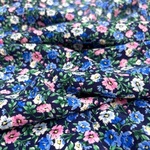 Pink Blue Floral 100% Cotton Viscose Fabric – Soft Drapey Material for Dresses, Blouses, Skirts & More (150 cm / 1.64 yd / 58 in Width)