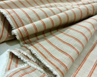 Terracotta Striped Linen Fabric in Beige Color, Linen Striped Dress- Shirt Fabric, Home Textile(140 cm or 1.64 yards or 57 inches width)