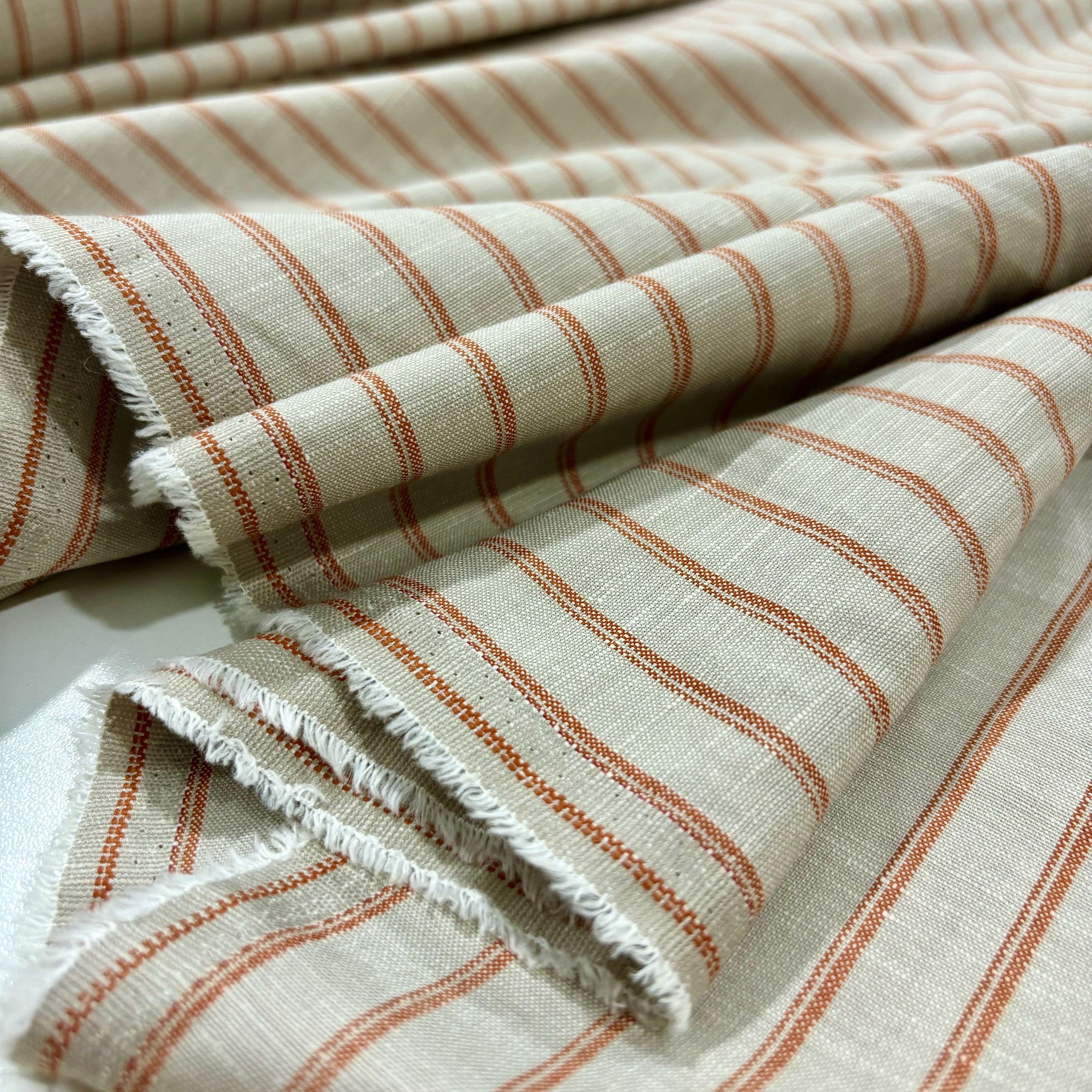 Terracotta Striped Linen Fabric in Beige Color, Linen