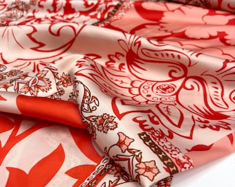 Orange Italian Silky Satin Fabric – Lightweight Ethnic Pattern for Dresses & Blouses | 150 cm