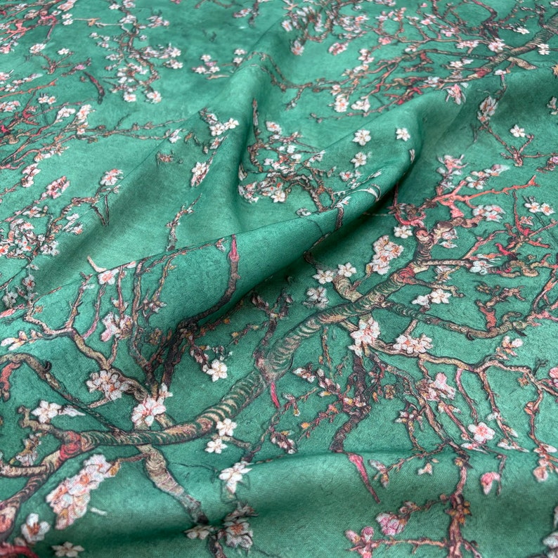 Green Floral Linen Fabric: Italian Design Fashion Fabric (150 cm/1.64 yards wide)