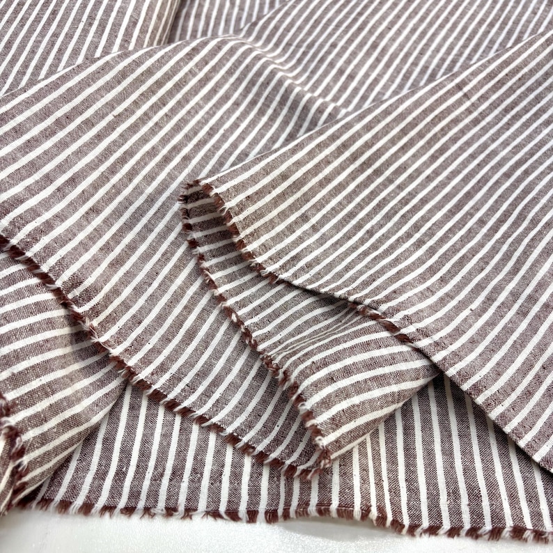 Brown Ivory Striped Cotton Linen Fabric: Natural Breathable Material for Dresses 150cm Wide