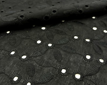 May include: Black cotton fabric with a delicate eyelet pattern. The fabric has a subtle sheen and a soft texture.