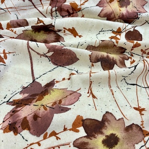 Beige Linen Fabric – Floral Botanical Print with Autumn Leaves for Sewing | 150cm/59in wide
