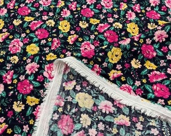 Pink Yellow Floral Linen Fabric – Wrinkle-Free Lightweight Summer for Dresses & Shirts | 150 cm
