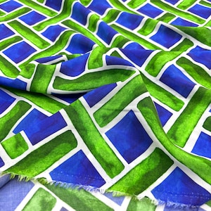 Blue Green Abstract Design 100% Cotton Voile Viscose Fabric – Soft Lightweight Material for Dresses, Blouses (Width 150cm 1,64 yard 57 inc)
