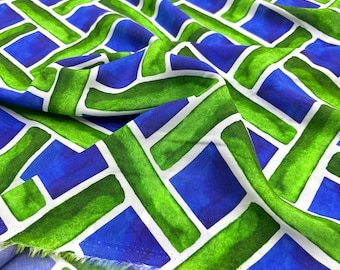 Blue Green Abstract Cotton Voile Fabric: Lightweight Dressmaking Material