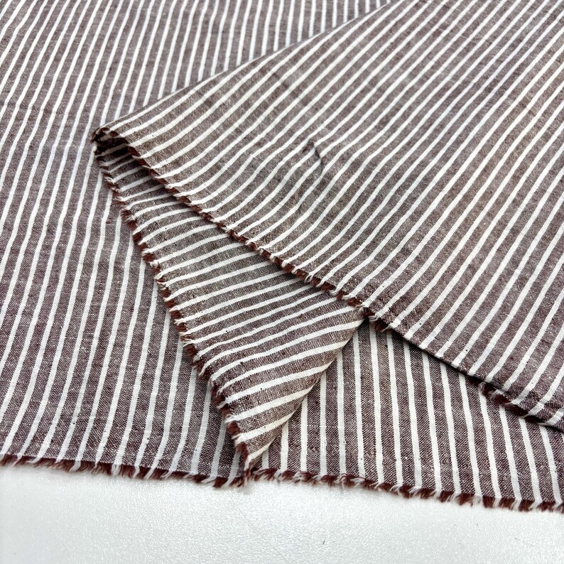 Brown Ivory Striped Cotton Linen Fabric: Natural Breathable Material for Dresses 150cm Wide