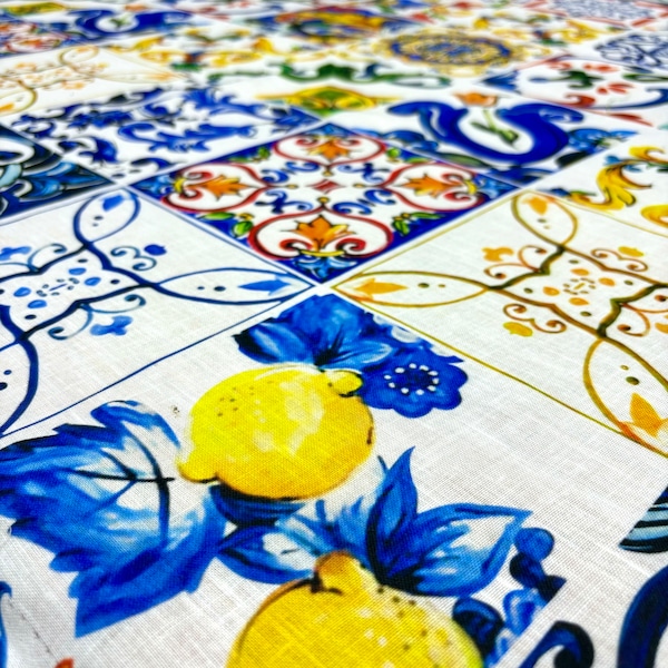 Italian Design Luxury Linen Fabric with Lemon Pattern for Dresses (150cm/1.64yd width)