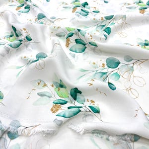 Mint Green Leaf Print 100% Viscose Fabric by Yard – Soft Lightweight Drapey Fabric for Dresses, Blouses (Width 150cm 1,64 yard 57 inc)