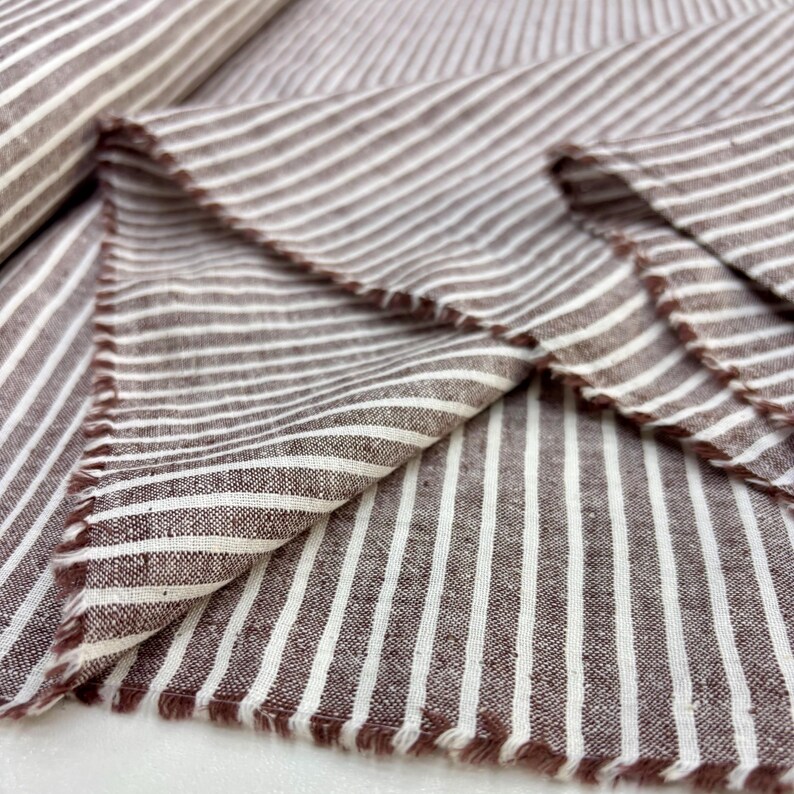 Brown Ivory Striped Cotton Linen Fabric: Natural Breathable Material for Dresses 150cm Wide
